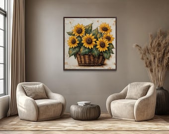Sunflowers in a Basket Wall Art Square Canvas Print, Farmhouse Living Room Or Kitchen Decor, Vintage Yellow Floral Painting Print