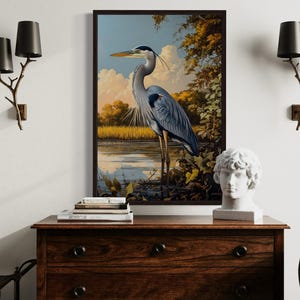 Blue Heron Wall Art, Great Blue Heron In Marshland Painting Canvas Print, Wetland Birds Wall Decor Framed Ready To Hang