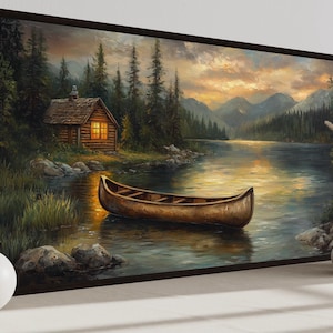 Wooden Canoe In The Lake Wall Art, Large Rustic Cottage Cabin Wall Art, Lake House Decor, Canoe Wall Decor, Ready To Hang