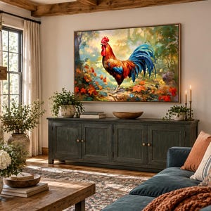 May include: A rectangular wall art print featuring a vibrant rooster with red, orange, and blue plumage standing in a lush, colorful forest setting with autumn leaves, displayed in a thin wooden frame above a dark green wooden sideboard cabinet.