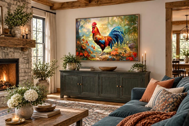 May include: A rectangular wall art print featuring a vibrant rooster with red, orange, and blue plumage standing in a lush, colorful forest setting with autumn leaves, displayed in a thin wooden frame above a dark green wooden sideboard cabinet.