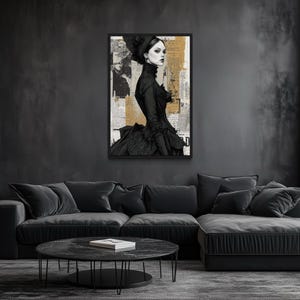 Modern Gothic Widow Print - Victorian Mourning Woman In Black Dress Modern Collage Wall Art, Dark Widow Portrait Print For Moody Home Decor