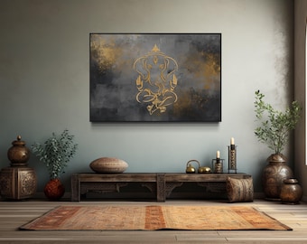 Indian Wall Art Horizontal Minimalist Lord Ganesh Abstract Hindu God Painting Canvas PRINT, Indian Deity Decor Framed Ready To Hang