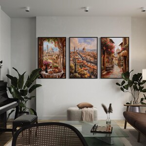 a cozy living room with a piano, a sofa, and three framed paintings hanging on the wall.