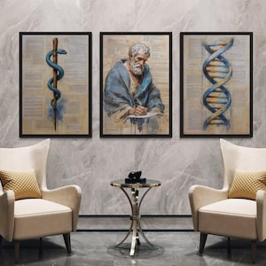 Set of 3 Doctors Office Wall Art, Rod of Asclepius, DNA And Hippocrates Prints, Blue Beige Medical Decor, Framed Ready To Hang