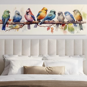 Colorful Birds Wall Art, Birds On A Branch Above Bed Long Horizontal Canvas Print Framed Unframed Ready To Hang
