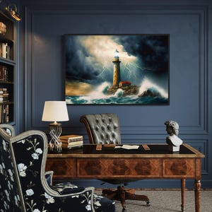 Lighthouse In Storm Nautical Wall Art, Maritime Wall Decor, Coastal Artwork Framed Ready To Hang