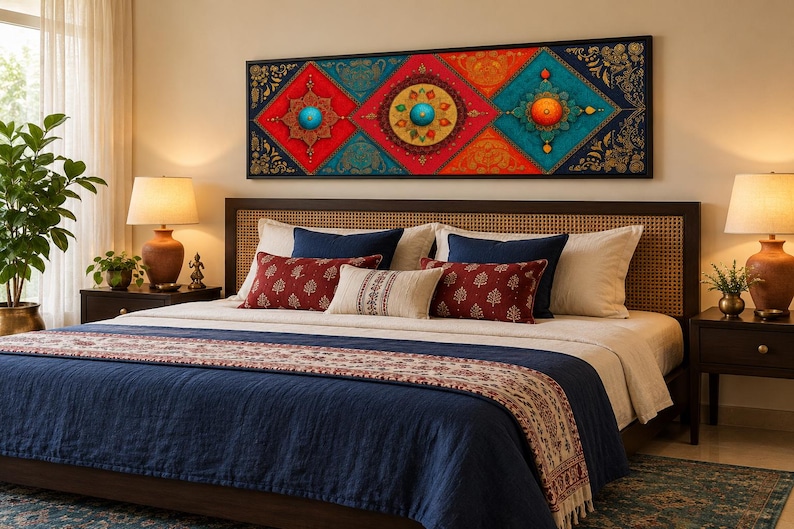 Puede incluir: Una pieza de arte mural rectangular con tres paneles en forma de diamante en vibrantes tonos rojo, naranja y turquesa, decorados con intrincados patrones de filigrana dorada y motivos circulares centrales, enmarcada en un borde negro.