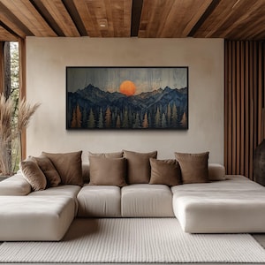 Wood Mountain Canvas Wall Art, Sunset Over Mountain And Forest Wooden Effect Painting Print, Cabin Wall Decor Framed Ready To Hang