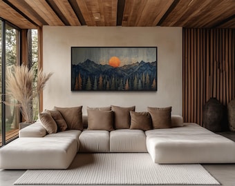 Wood Mountain Canvas Wall Art, Sunset Over Mountain And Forest Wooden Effect Painting Print, Cabin Wall Decor Framed Ready To Hang