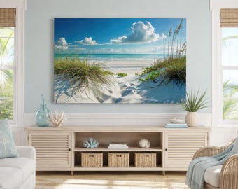 Beach Wall Art, Sand Dunes And Grass On The Beach, Peaceful Coastal Sea Painting Canvas Print Framed Ready To Hang