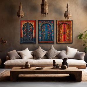 Set Of Three Indian Wall Art, Madhubani Painting Style Indian Doors, Living Room Decor, Painting Canvas PRINTs Framed Ready To Hang