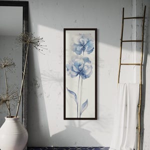 Long Vertical Pale Blue Floral Wall Art, Boho Painting Canvas PRINT, Watercolor Hydrangea  Botanical Tall Narrow Wall Decor Ready To Hang