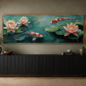 Panoramic Koi Fish Wall Art Long Horizontal Canvas PRINT, Zen Japanese Koi Painting Pink And Green Framed Unframed  Ready To Hang