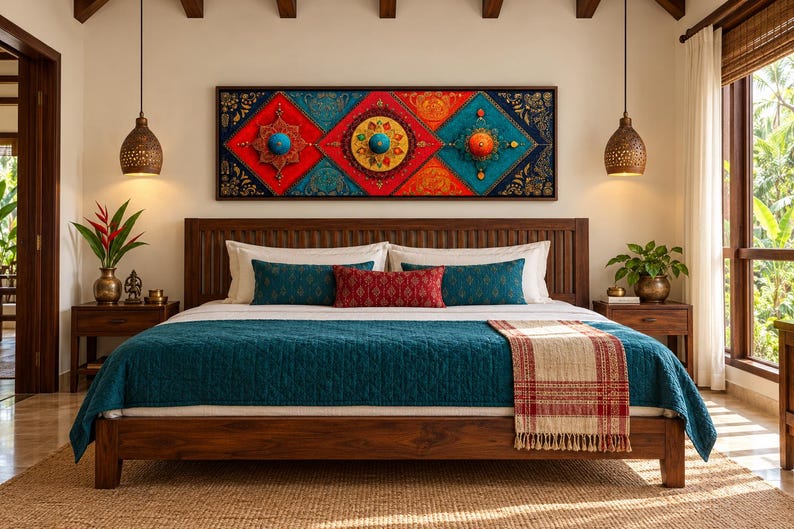Puede incluir: Una estructura de cama de madera con una colcha acolchada color verde azulado, una manta con estampado crema y rojo, y cojines decorativos en verde azulado y rojo. Sobre la cama cuelga un arte mural rectangular con patrones geom&eacute;tricos vibrantes.
