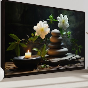 Zen Wall Art - Stacked Stones, Flowers And Candle Painting Canvas Print - Calming Spa Salon Decor Framed Ready To Hang