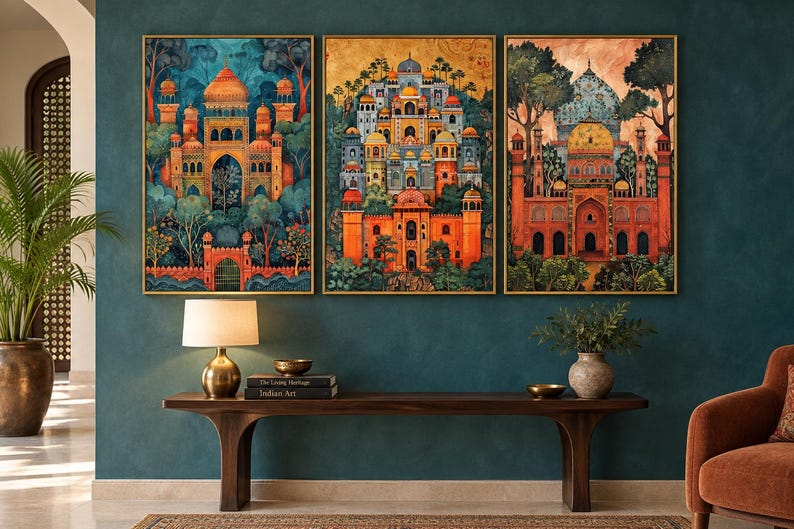 May include: A triptych of three framed wall art prints featuring detailed architectural illustrations of palaces with domes and arches in vibrant orange, blue, and gold tones, set against lush green trees and foliage in a stylised landscape.