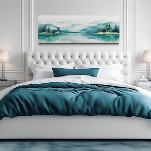 Teal Over Bed Wall Art - Watercolor Mountains Lake Painting Canvas PRINT, Minimalist Panoramic Bedroom Wall Decor Ready To Hang