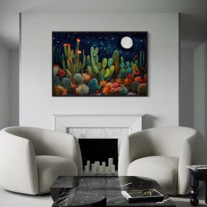 Starry Night Over Sonoran Desert At Night Wall Art, Mexican Wall Art -  Pueblo Style Cactus Landscape, Southwestern Wall Decor Ready To Hang