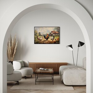 a modern living room with a large painting of chickens hanging on the wall. The room features a white sofa, a wooden coffee table, and a potted plant, creating a cozy and inviting atmosphere.