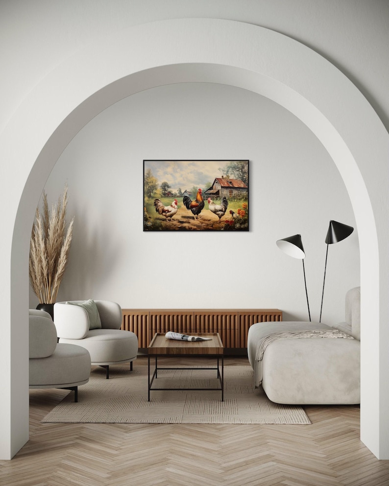 a modern living room with a large painting of chickens hanging on the wall. The room features a white sofa, a wooden coffee table, and a potted plant, creating a cozy and inviting atmosphere.