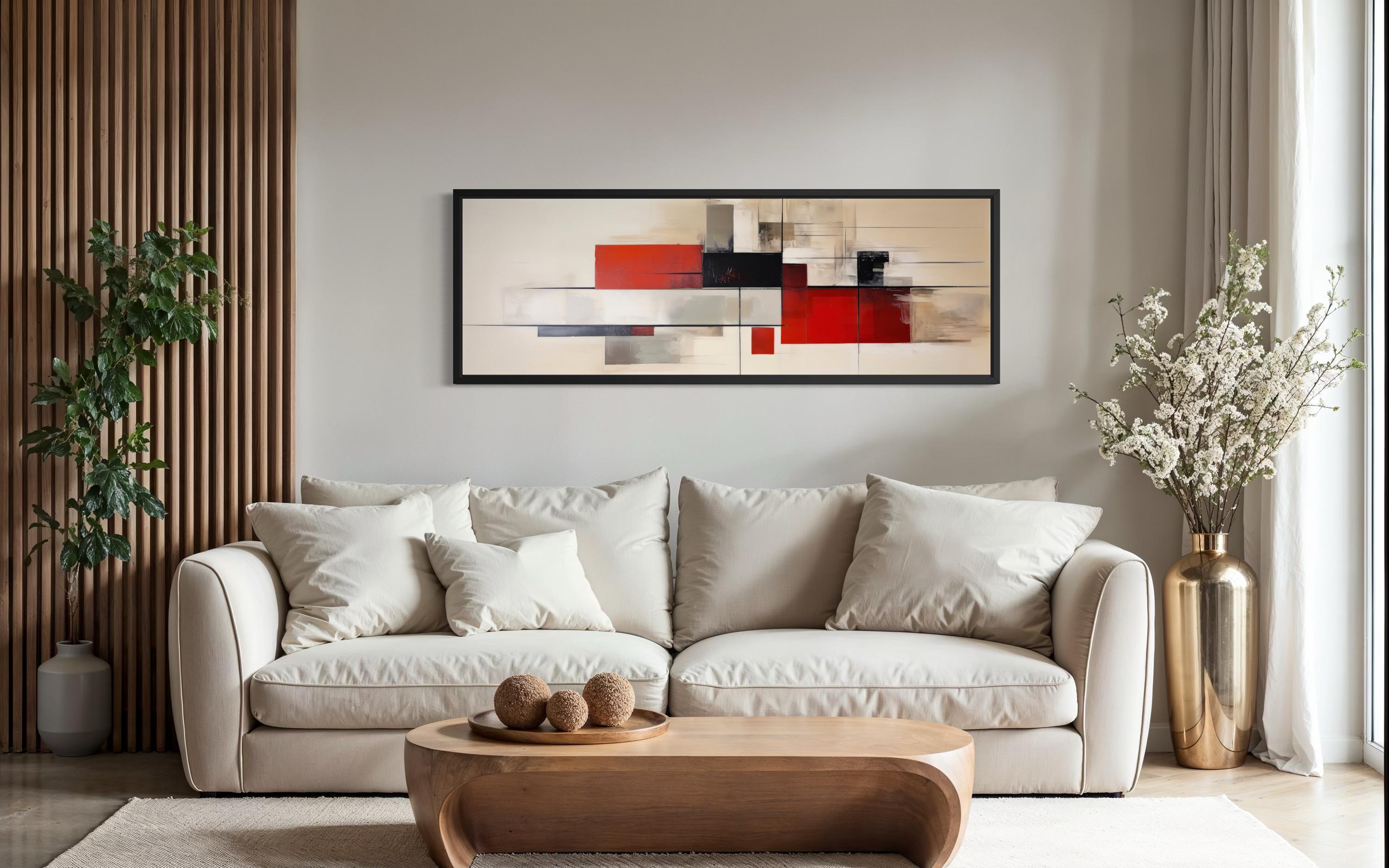 Mid Century Modern Abstract Wall Art Horizontal Canvas Print, Red Beige ...