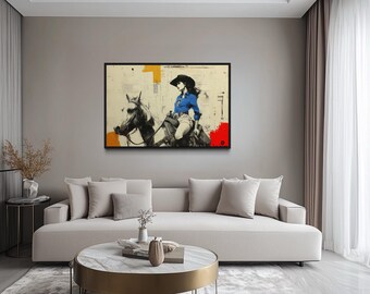 Cowgirl On Horse Canvas Print, Western Cowgirl Painting Modern Rustic Horse And Rider Canvas Print Framed Ready To Hang