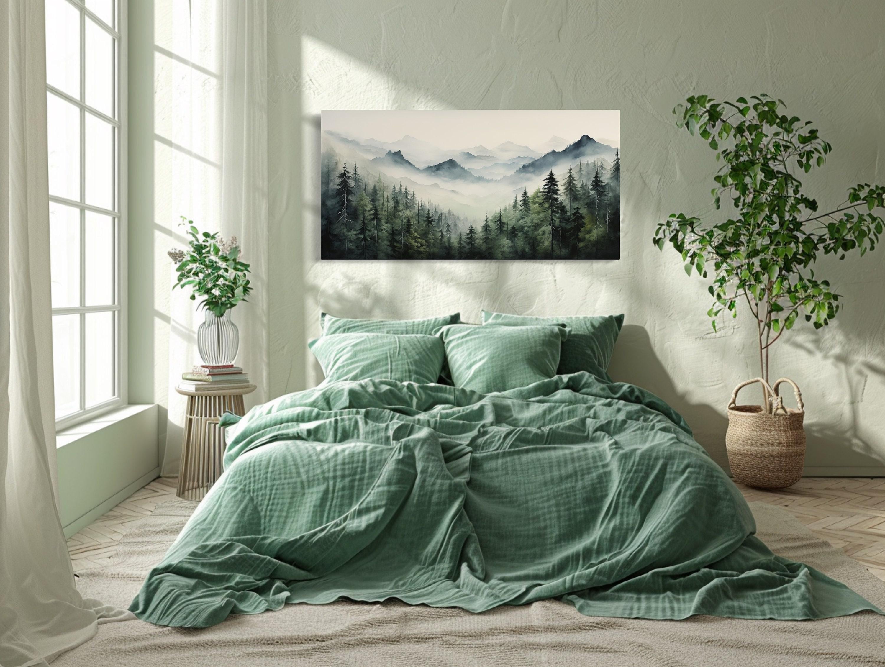 Foggy Sage Green Forest Watercolor Painting Canvas PRINT, Nature Wall ...