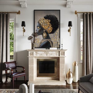 African American Black Woman With Gold Headwrap Canvas Wall Art – Modern Elegant Portrait With Rich Colors And Graceful Detail