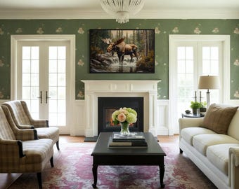 Moose In The Forest Wall Art Canvas Print - Rustic Moose Painting For Cabin Decor, Wildlife Wall Decor,  Framed Ready to Hang