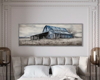 Old Blue Barn Painting Canvas Print  Panoramic Horizontal Over Bed Wall Art, Farmhouse Wall Decor Framed Unframed Ready To Hang