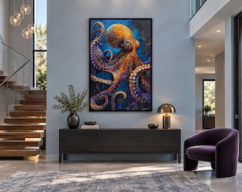 Octopus Wall Art, Marine Animal Painting Canvas PRINT, Bathroom Wall Decor, Nautical Man Cave Wall Art Framed Ready To Hang