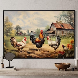 Farmhouse Wall Art, Roosters Chickens Retro Painting Canvas PRINT, Farm Wall Decor, Framed Unframed Ready to Hang