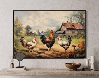 Farmhouse Wall Art, Roosters Chickens Retro Painting Canvas PRINT, Farm Wall Decor, Framed Unframed Ready to Hang
