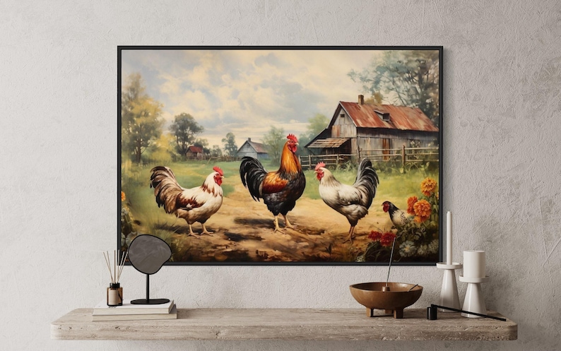 a rural scene with three roosters standing on a dirt path in front of a rustic barn.