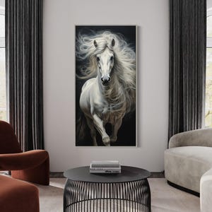 White Horse On Black Background Wall Art, Long Vertical Horse Wall Art, Extra Large Wall Decor, Man Cave Wall Art Framed Ready To Hang