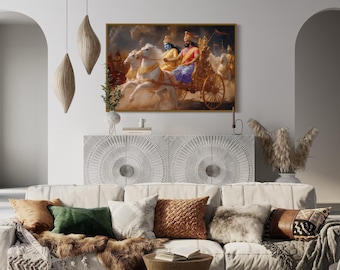 Indian Wall Art Mahabharata Chariot Scene - Arjuna and Krishna on a Golden War Chariot, Epic Hindu Mythology Wall Art, Framed Ready To Hang