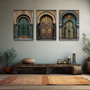 Moroccan Wall Art, Set of 3 Marrakesh Doors Painting Canvas PRINT, Islamic Architecture Wall Art, Arabic Wall Decor Framed Ready To Hang