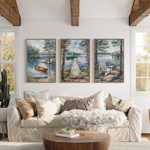 3 Piece Lake House Wall Art, Fishing Dock, Old Boat And Adirondack Chair Watercolor Paintings Canvas Print Framed Ready To Hang