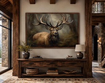 Majestic Deer in Foggy Forest Painting, Rustic Woodland Elk Wall Art, Above Mantel Cabin Or Hunting Lodge Decor, Framed Ready To Hang