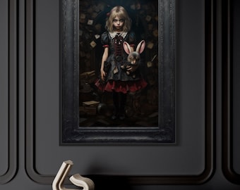 Gothic Alice In Wonderland Painting Canvas PRINT, Dark Academia Wall Art Spooky Halloween Decor Framed Unframed Ready To Hang