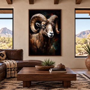 May include: A large rectangular wall art print featuring a detailed portrait of a bighorn sheep with prominent curved horns. The artwork displays a rich colour palette of deep browns, blacks, and subtle hints of vibrant blue and red tones.