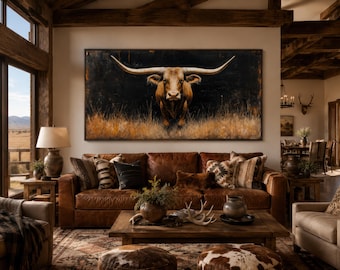Modern Texas Longhorn Steer Extra Large Wall Art - Modern Farmhouse, Living Room Art, Longhorn In Grass Canvas Print Framed, Ready To Hang