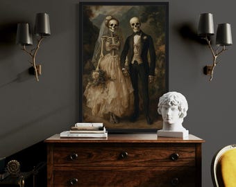 Skeleton Bride and Groom Gothic Wedding Portrait, Macabre Victorian Couple Wall Art, Dark Romantic Skeleton Print, Framed Ready To Hang