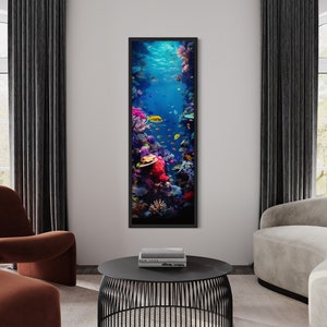 Tall Narrow Wall Art, Underwater Coral Reef With Tropical Fish Painting Canvas Print, Long Vertical Marine Wall Art, Artwork Ready To Hang