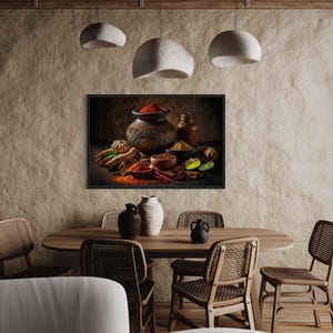 Kitchen Wall Art, Indian Spices And Herbs Painting Canvas PRINT, Modern Oriental Still Life Art, Dining Room Wall Decor Framed Ready To Hang