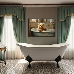 Baby Bear in a Bathtub Painting Canvas Print, Animals In Bathtub Wall Art, Bathroom Wall Decor -  Framed Ready To Hang