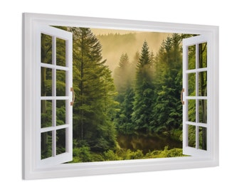 Fake Window Foggy Pine Trees Forest Wall Art, Sage Green Nature Window View Painting Canvas Print Ready to Hang