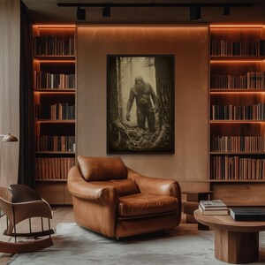 a cozy living room with a large window overlooking a forest, a comfortable leather armchair, a wooden coffee table, and a bookshelf filled with books.