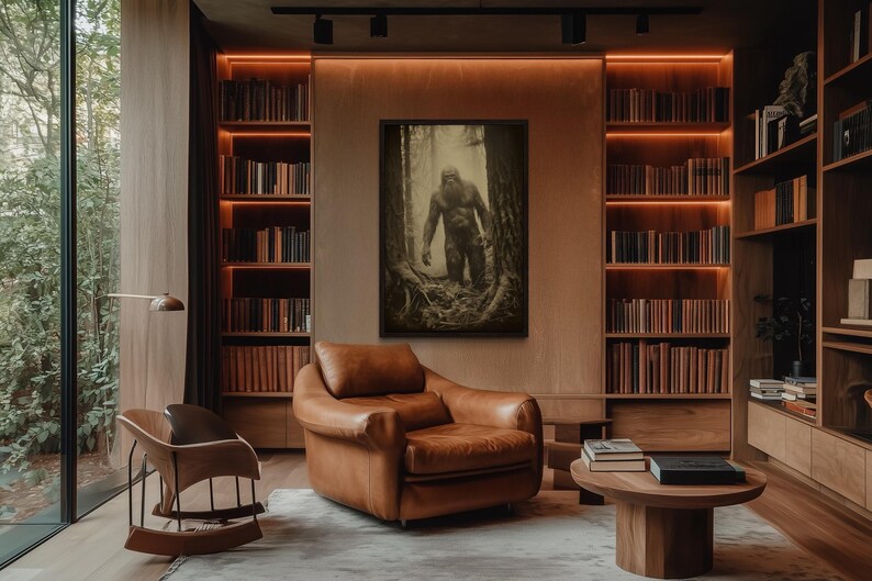 a cozy living room with a large window overlooking a forest, a comfortable leather armchair, a wooden coffee table, and a bookshelf filled with books.